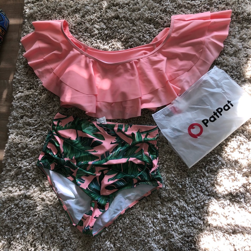 High Waisted Greenery and Pink Bathing Suit